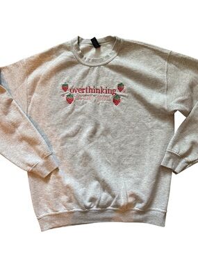Gildan Embroidered “Overthinking Is My Jam” Sweatshirt Large Strawberry Graphic